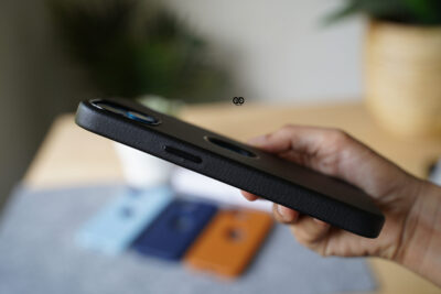 Grainy Textured Vegan Leather Case with Logo Cut for iPhone 13