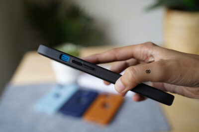 Grainy Textured Vegan Leather Case with Logo Cut for iPhone 13