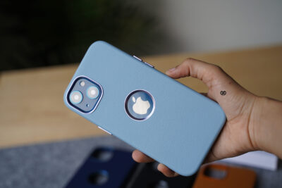 Grainy Textured Vegan Leather Case with Logo Cut for iPhone 13