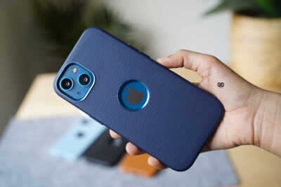 Grainy Textured Vegan Leather Case with Logo Cut for iPhone 13