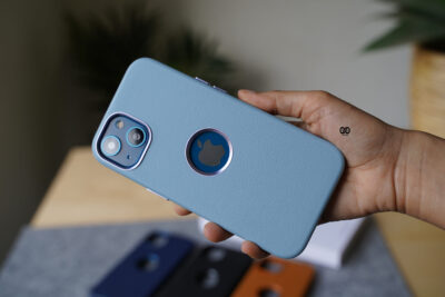 Grainy Textured Vegan Leather Case with Logo Cut for iPhone 13