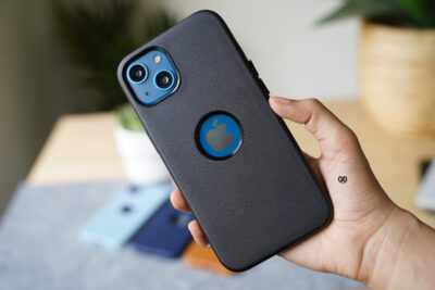 Grainy Textured Vegan Leather Case with Logo Cut for iPhone 13