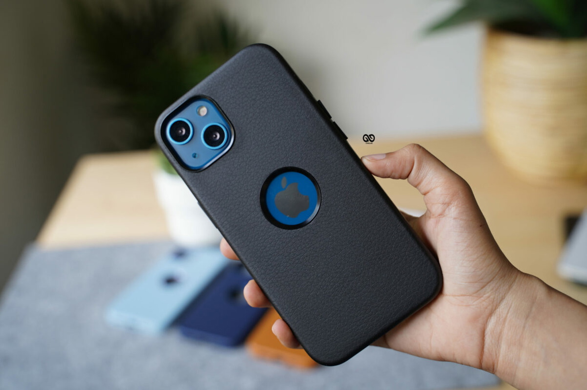 Grainy Textured Vegan Leather Case with Logo Cut for iPhone 13