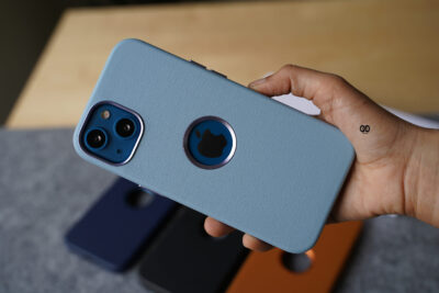 Grainy Textured Vegan Leather Case with Logo Cut for iPhone 13