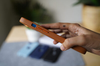 Grainy Textured Vegan Leather Case with Logo Cut for iPhone 13