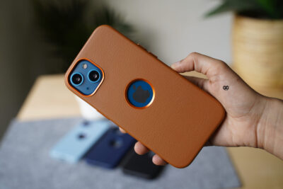 Grainy Textured Vegan Leather Case with Logo Cut for iPhone 13