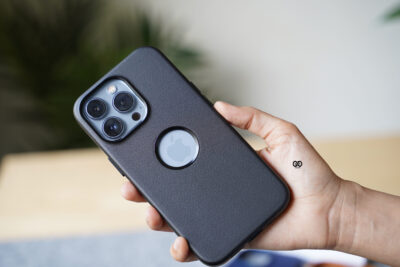 Grainy Textured Vegan Leather Case with Logo Cut for iPhone 13 Pro