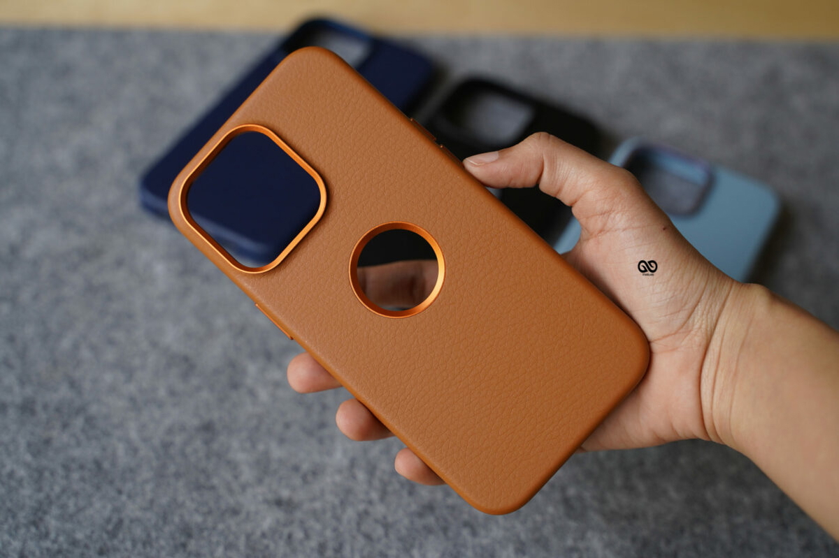 Grainy Textured Vegan Leather Case with Logo Cut for iPhone 13