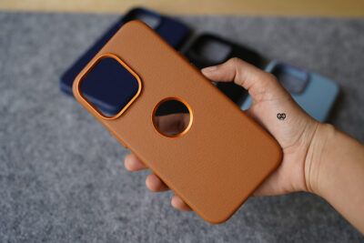 Grainy Textured Vegan Leather Case with Logo Cut for iPhone 13 Pro