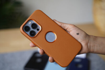 Grainy Textured Vegan Leather Case with Logo Cut for iPhone 13 Pro