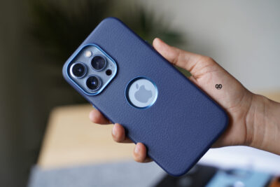 Grainy Textured Vegan Leather Case with Logo Cut for iPhone 13 Pro