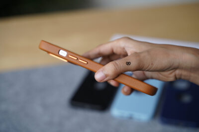 Grainy Textured Vegan Leather Case with Logo Cut for iPhone 13 Pro