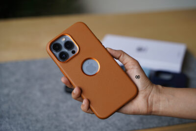 Grainy Textured Vegan Leather Case with Logo Cut for iPhone 13 Pro