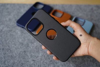 Grainy Textured Vegan Leather Case with Logo Cut for iPhone 13 Pro