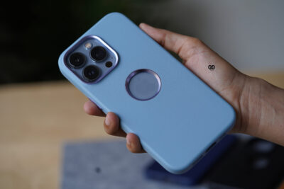 Grainy Textured Vegan Leather Case with Logo Cut for iPhone 13 Pro