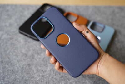 Grainy Textured Vegan Leather Case with Logo Cut for iPhone 13 Pro