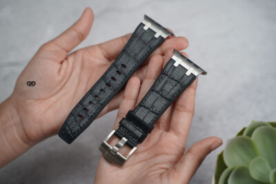 Onyx Black Silicone Faux Leather Strap For Apple Watch 44MM 45MM 46MM Series 4 5 6 7 8 9 10 11 (SE 2 3 Gen)