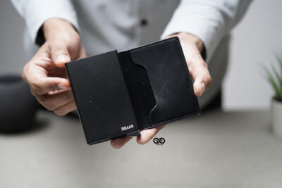 Personalized Black Slim Vegan Leather Card Holder with Single Slot Wallet