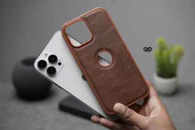 Saddle Tan Grainy Textured Vegan Leather Case with Logo Cut for iPhone 13 Pro Max